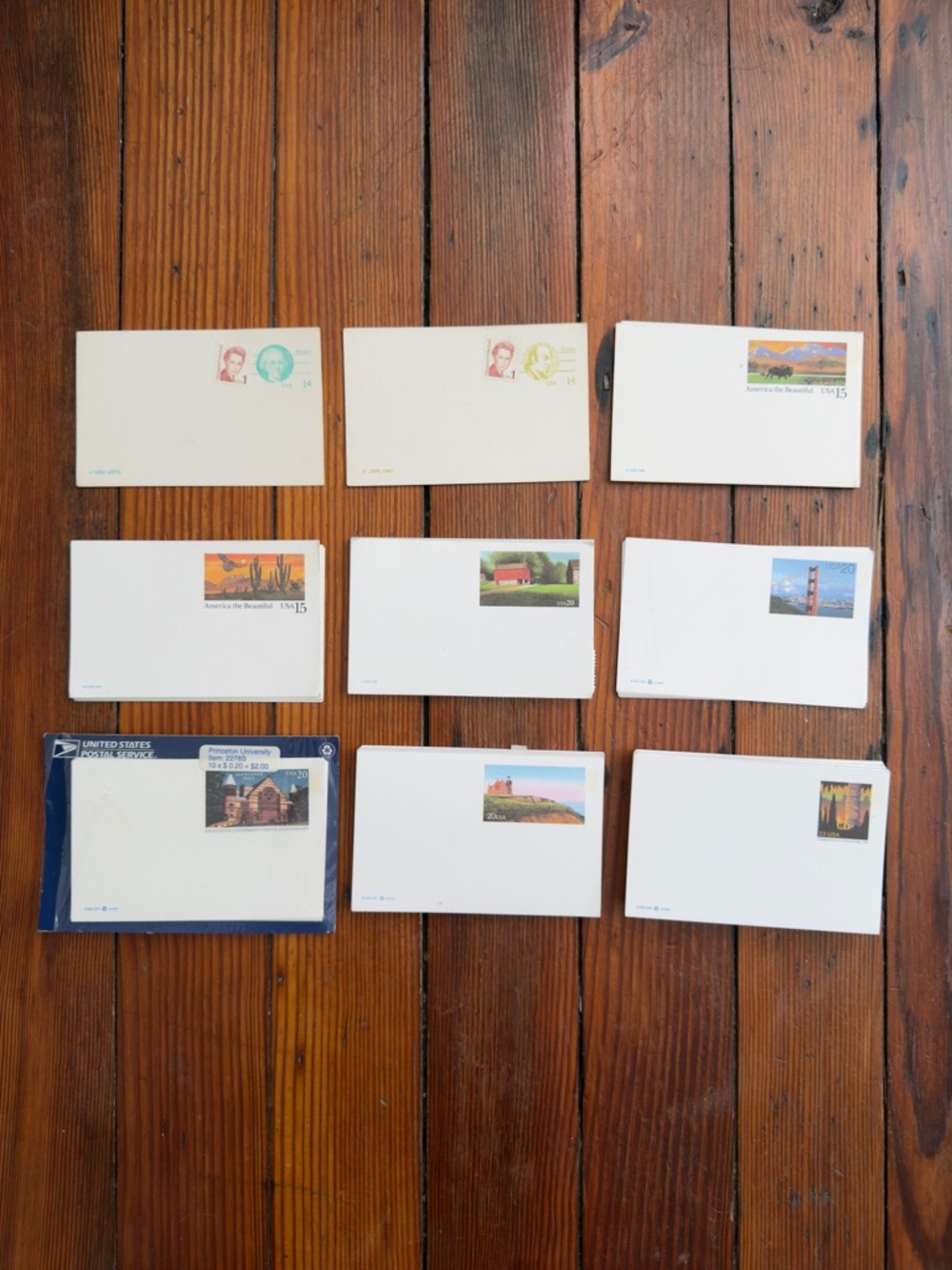 Vtg USPS postal cards 163-ct lot, various dates, postage amounts & themes unused